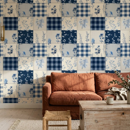 Mavi Ekose Çiçekli Duvar Kağıdı Patchwork Desenli Mutfak