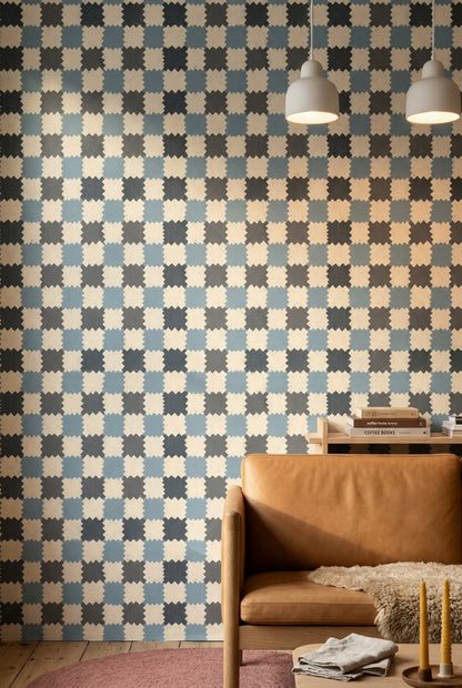 Geometrik Kare Desenli Duvar Kağıdı Mavi Gri Salon