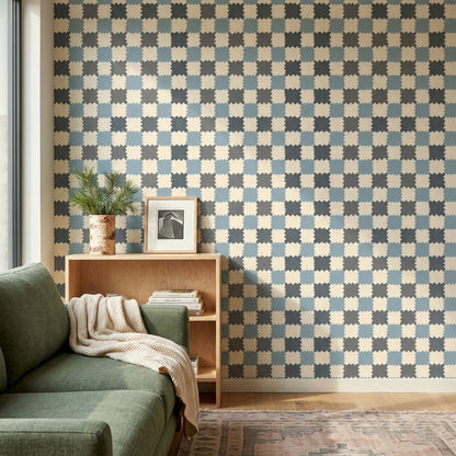 Geometrik Kare Desenli Duvar Kağıdı Mavi Gri Salon