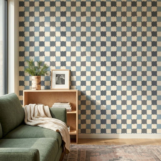 Geometrik Kare Desenli Duvar Kağıdı Mavi Gri Salon