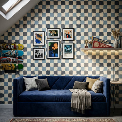 Geometrik Kare Desenli Duvar Kağıdı Mavi Gri Salon