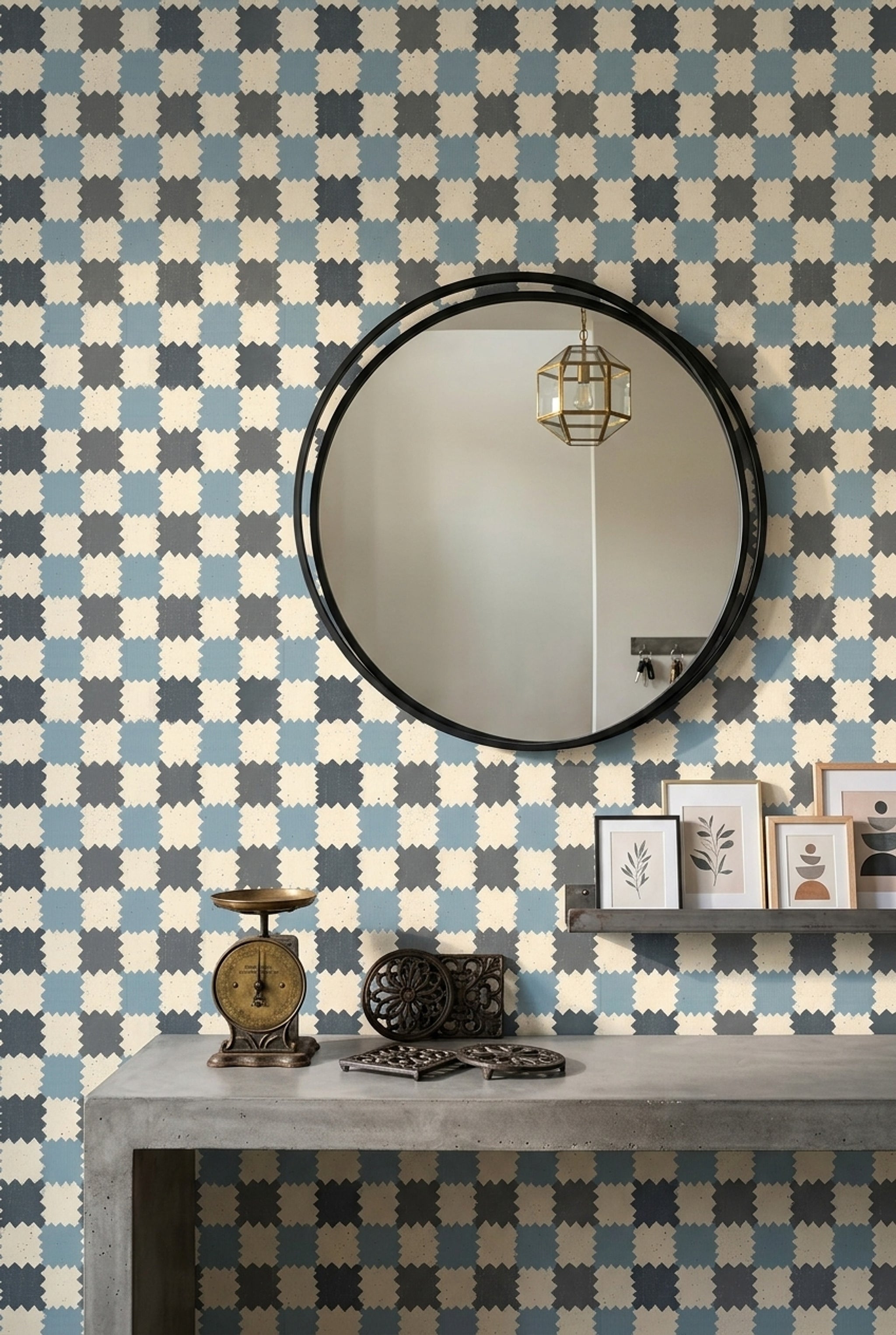 Geometrik Kare Desenli Duvar Kağıdı Mavi Gri Salon