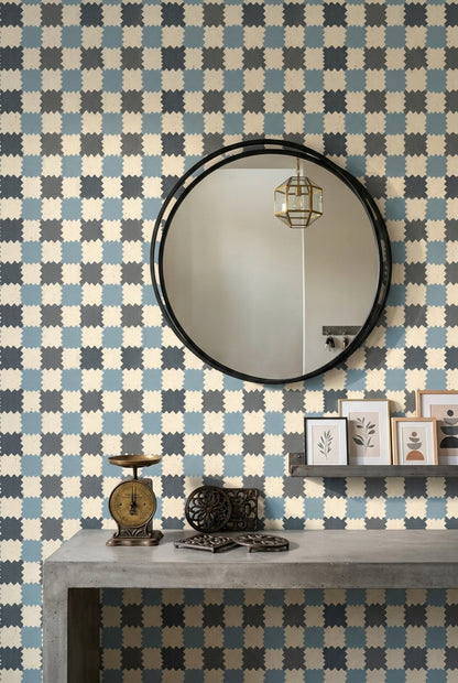 Geometrik Kare Desenli Duvar Kağıdı Mavi Gri Salon