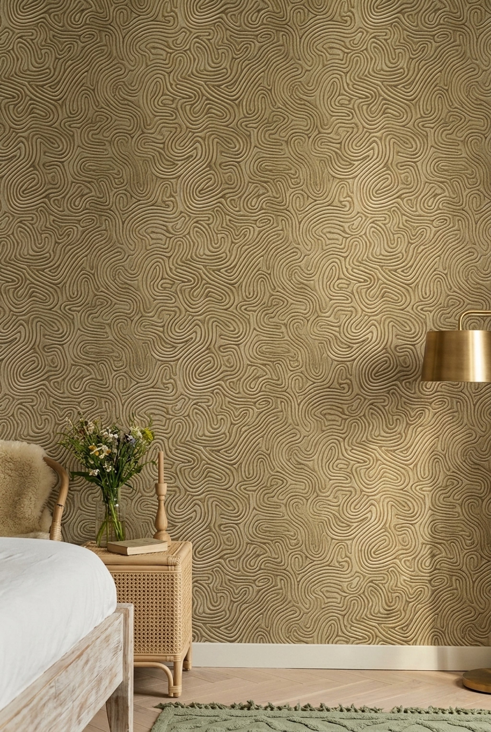 Soyut Kıvrımlı Çizgili Duvar Kağıdı Bej Modern Salon