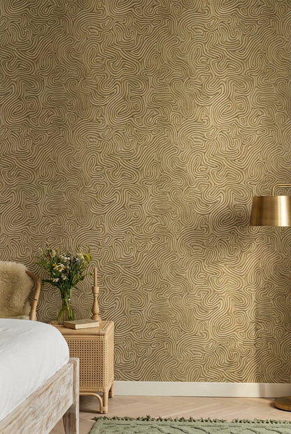 Soyut Kıvrımlı Çizgili Duvar Kağıdı Bej Modern Salon