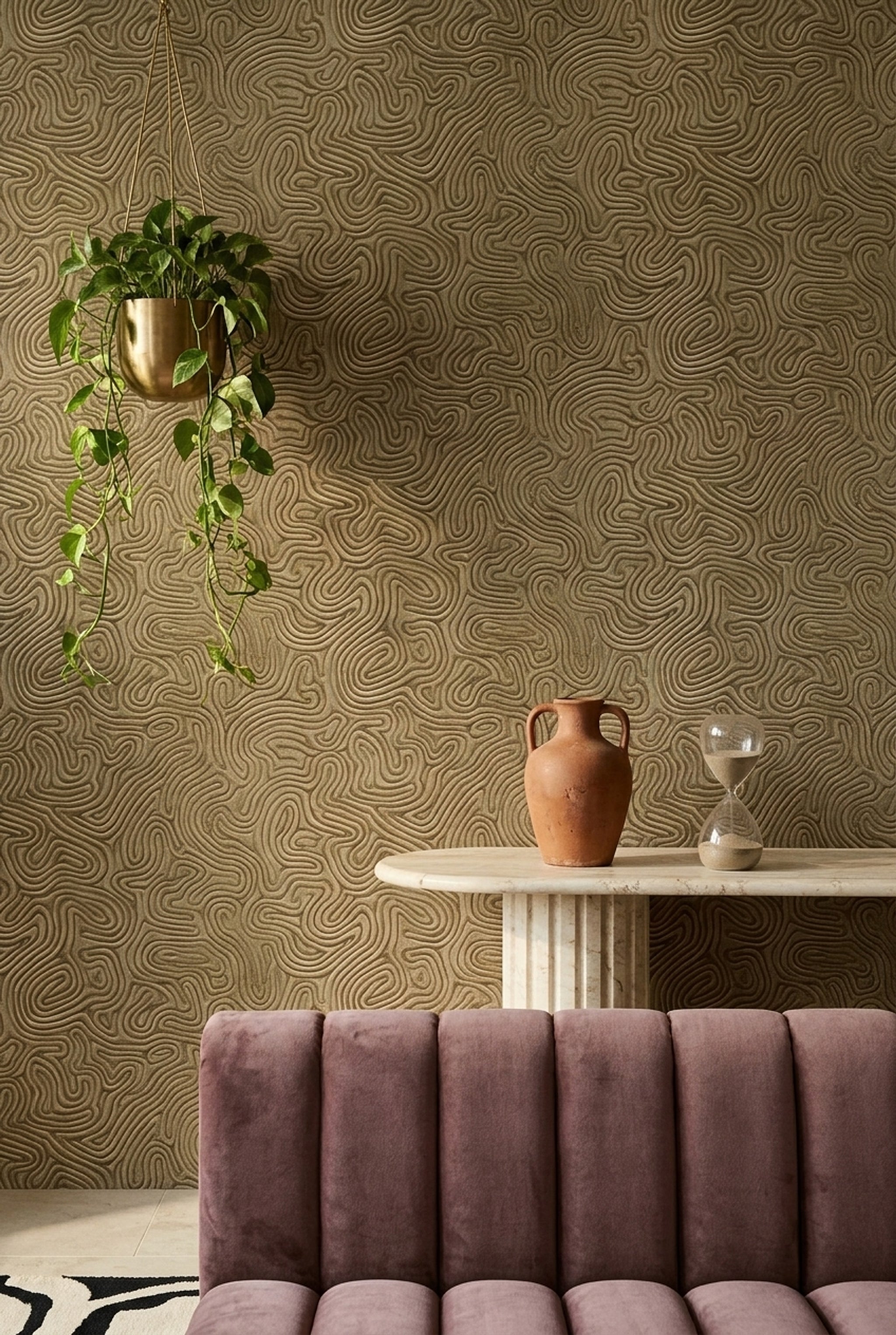 Soyut Kıvrımlı Çizgili Duvar Kağıdı Bej Modern Salon