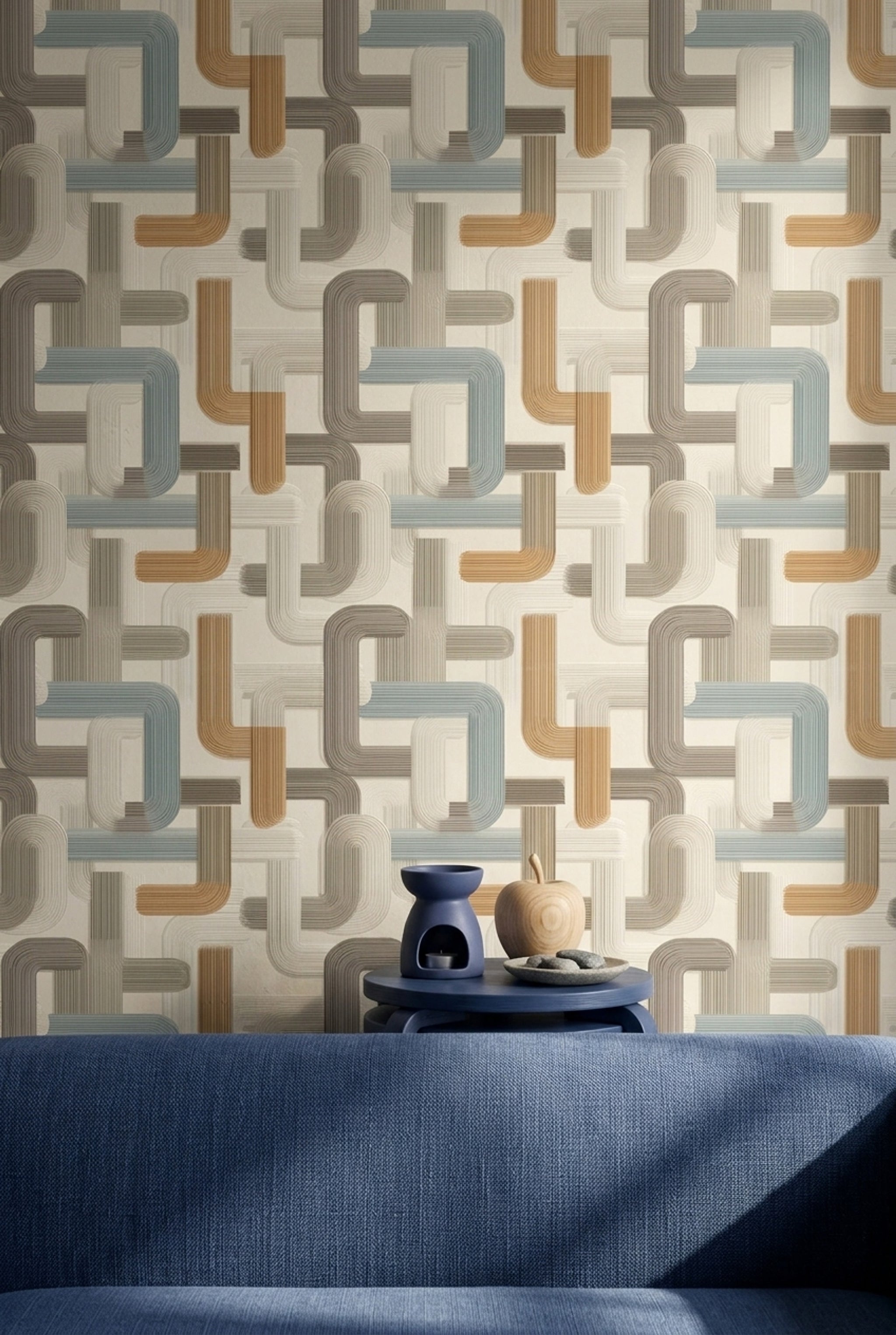 Geometrik Zincir Desenli Duvar Kağıdı Bej Mavi Salon
