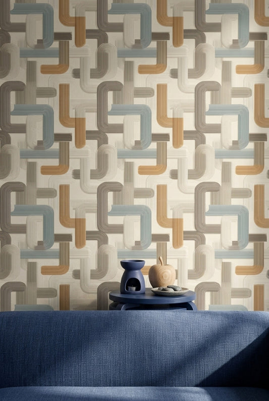 Geometrik Zincir Desenli Duvar Kağıdı Bej Mavi Salon