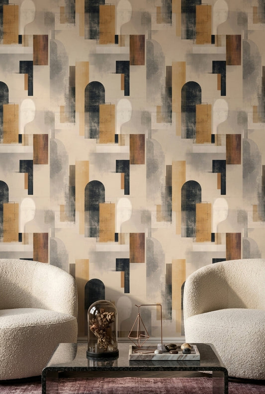 Soyut Geometrik Duvar Kağıdı Bej Siyah Modern Salon