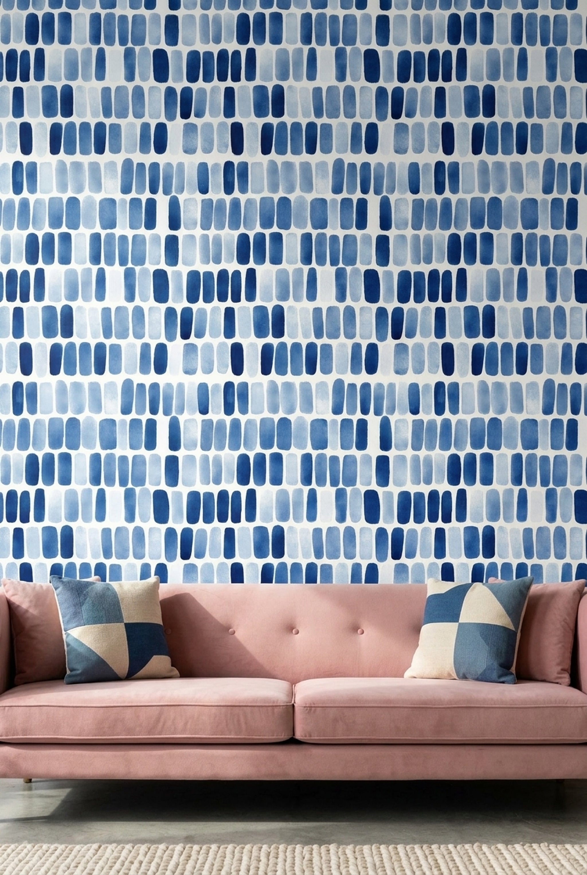 Mavi Fırça Darbeli Geometrik Duvar Kağıdı Modern Salon