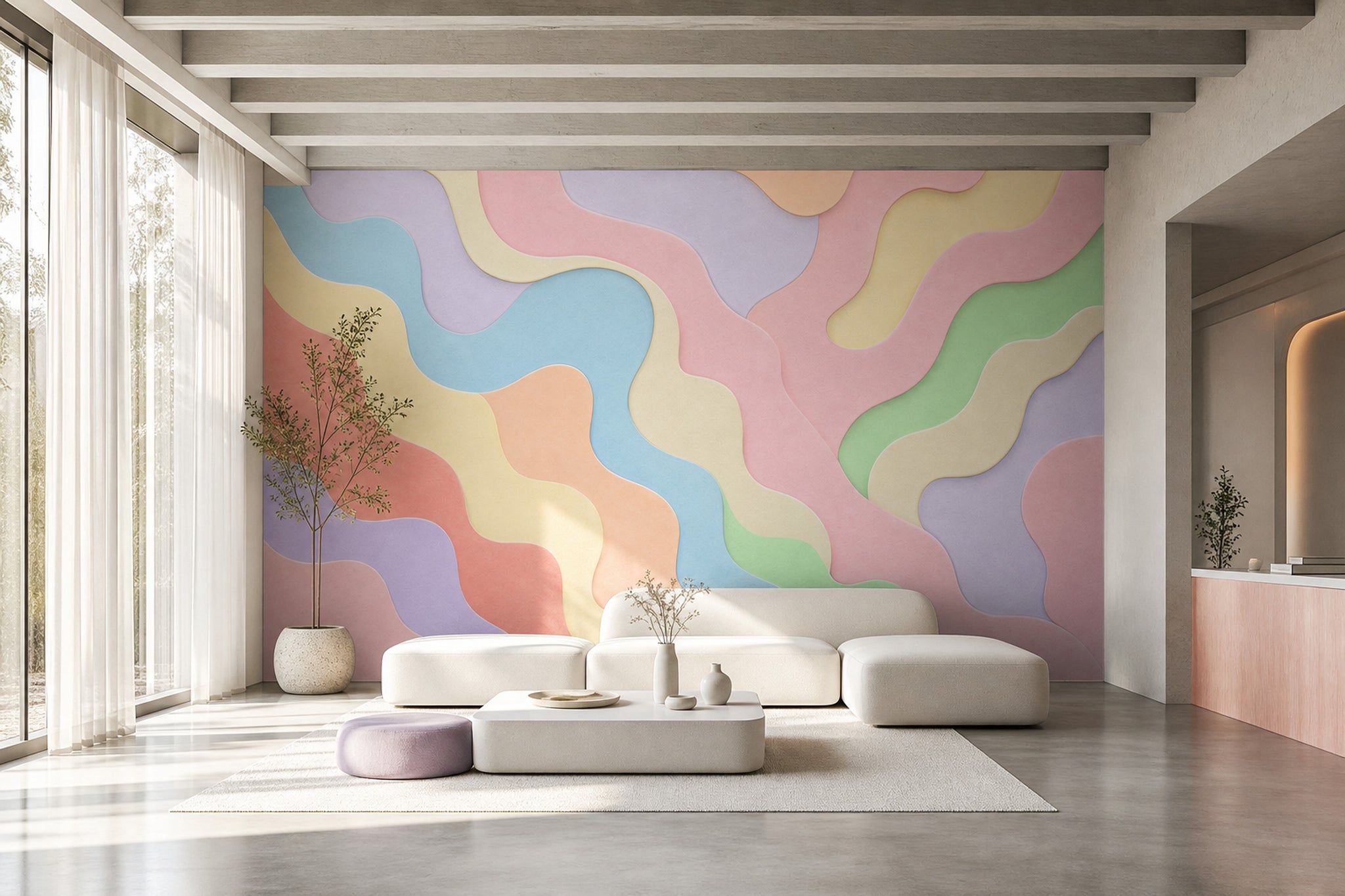Pastel Dalgalı Soyut Poster Duvar Kağıdı Renkli Salon Duvarı