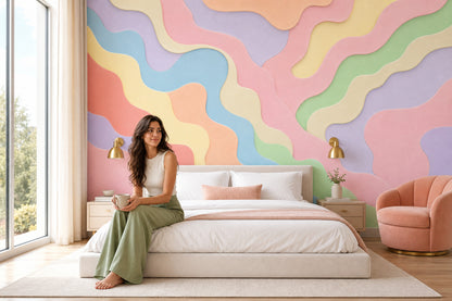 Pastel Dalgalı Soyut Poster Duvar Kağıdı Renkli Salon Duvarı
