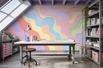 Pastel Dalgalı Soyut Poster Duvar Kağıdı Renkli Salon Duvarı