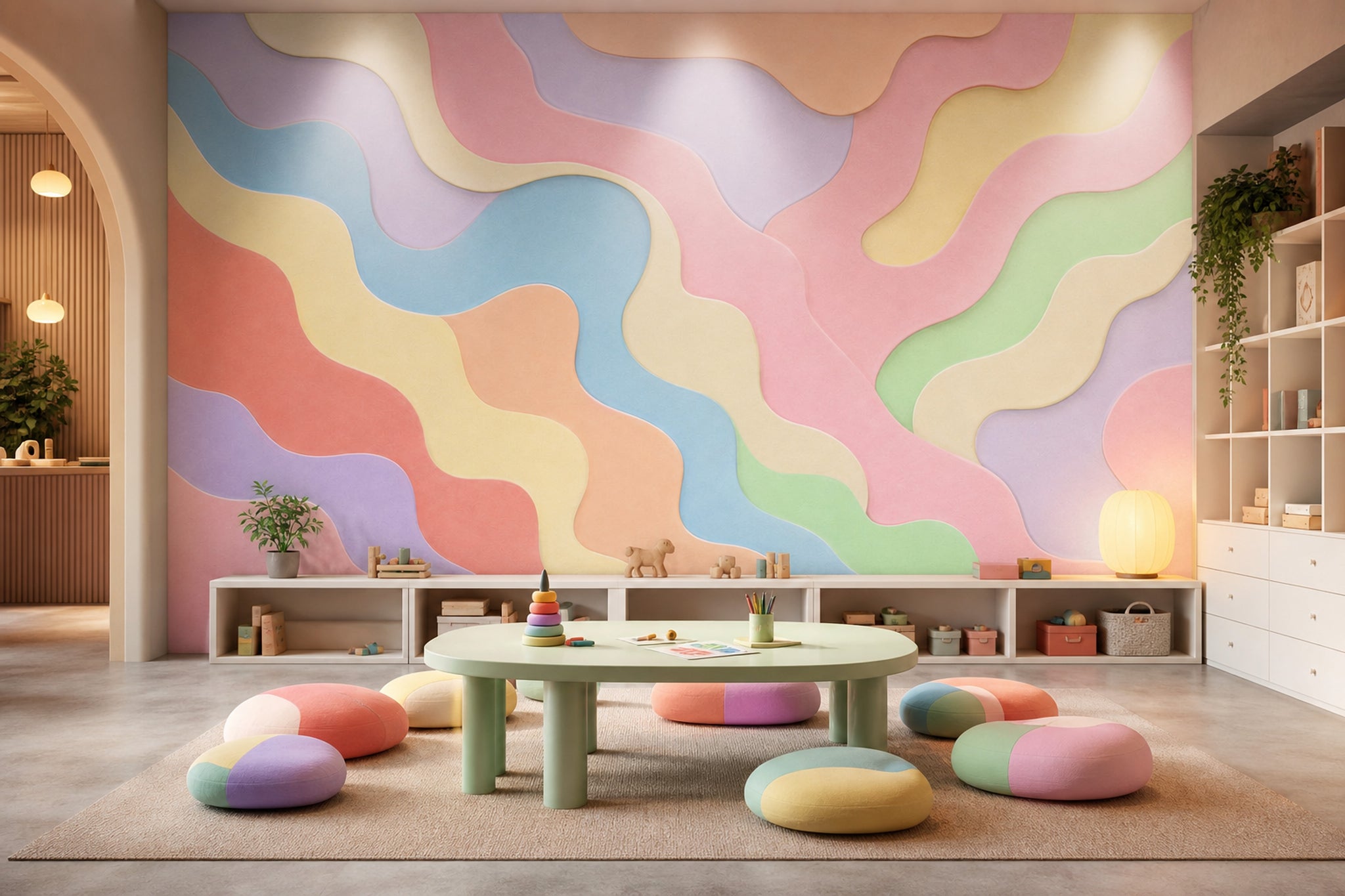 Pastel Dalgalı Soyut Poster Duvar Kağıdı Renkli Salon Duvarı