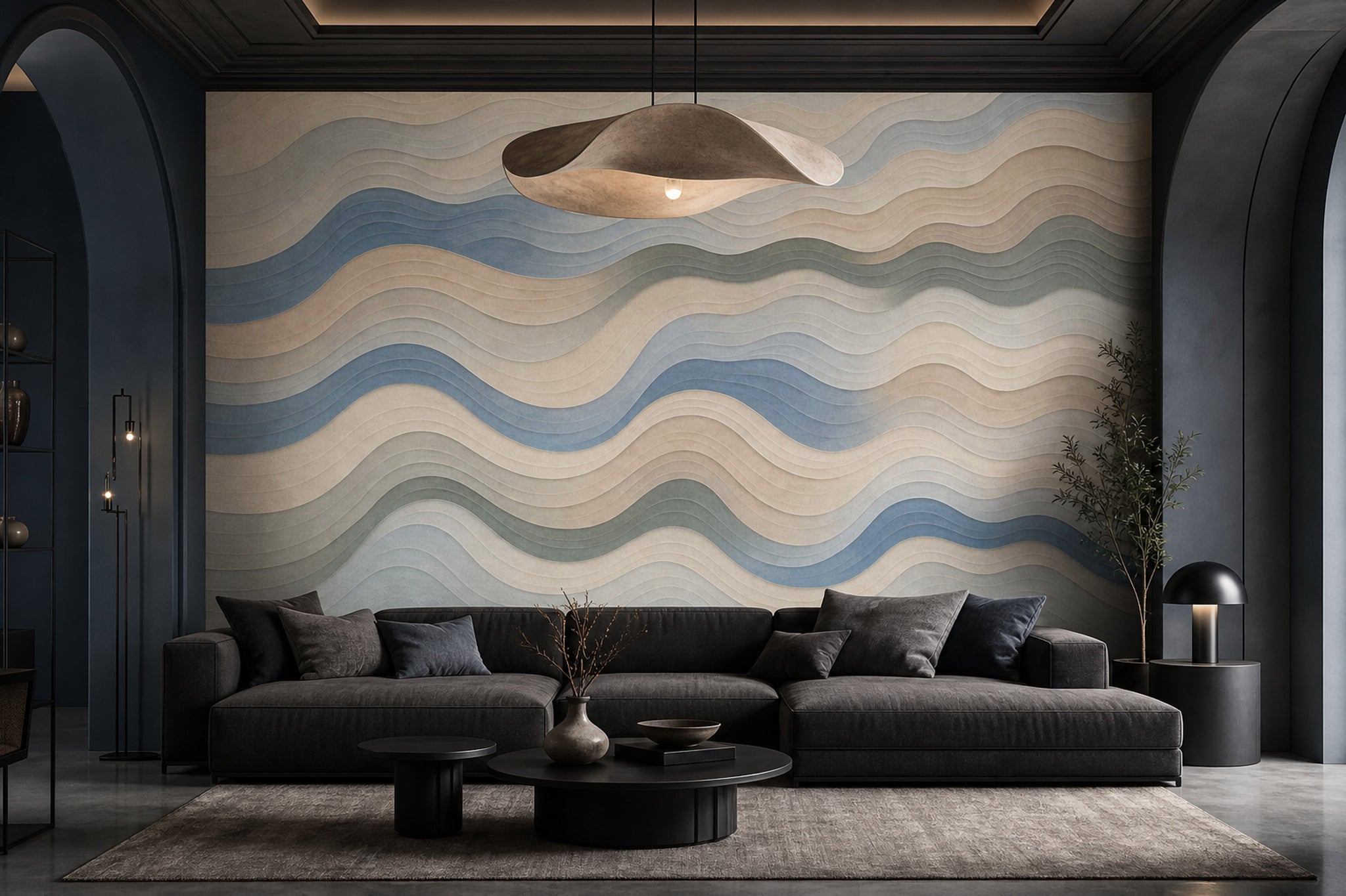 Dalgalı Çizgili Poster Duvar Kağıdı Bej Mavi Modern Salon