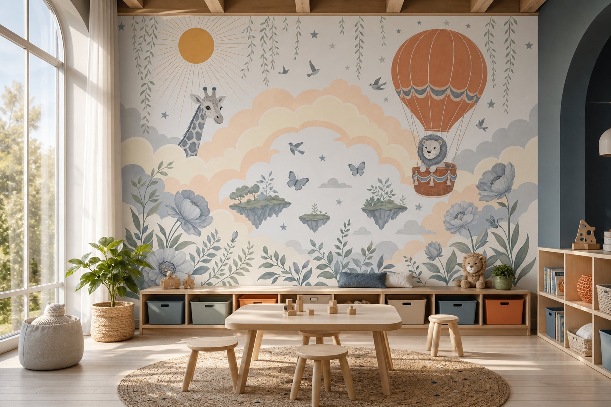 Balonlu Safari Hayvanları Poster Duvar Kağıdı Çocuk Odası Pastel