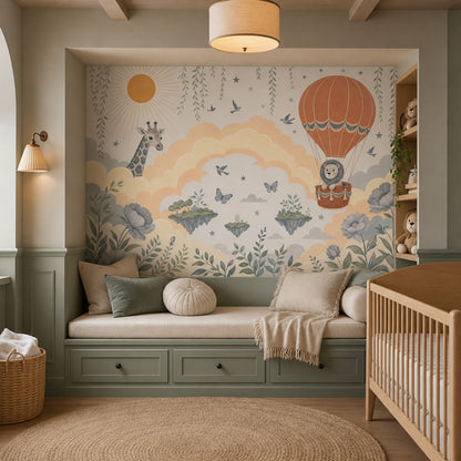 Balonlu Safari Hayvanları Poster Duvar Kağıdı Çocuk Odası Pastel