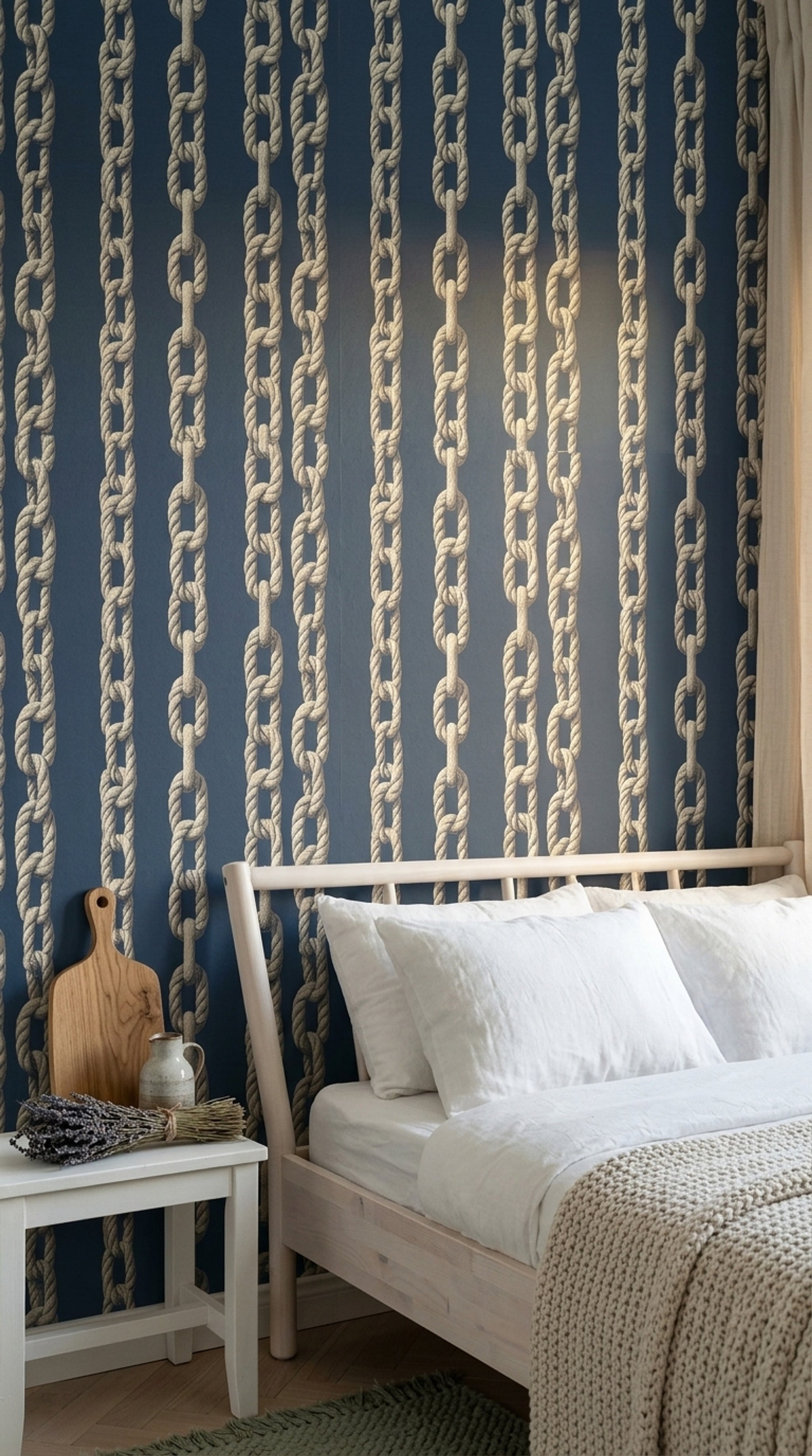 Halat Zincir Desenli Duvar Kağıdı Lacivert Bej Salon