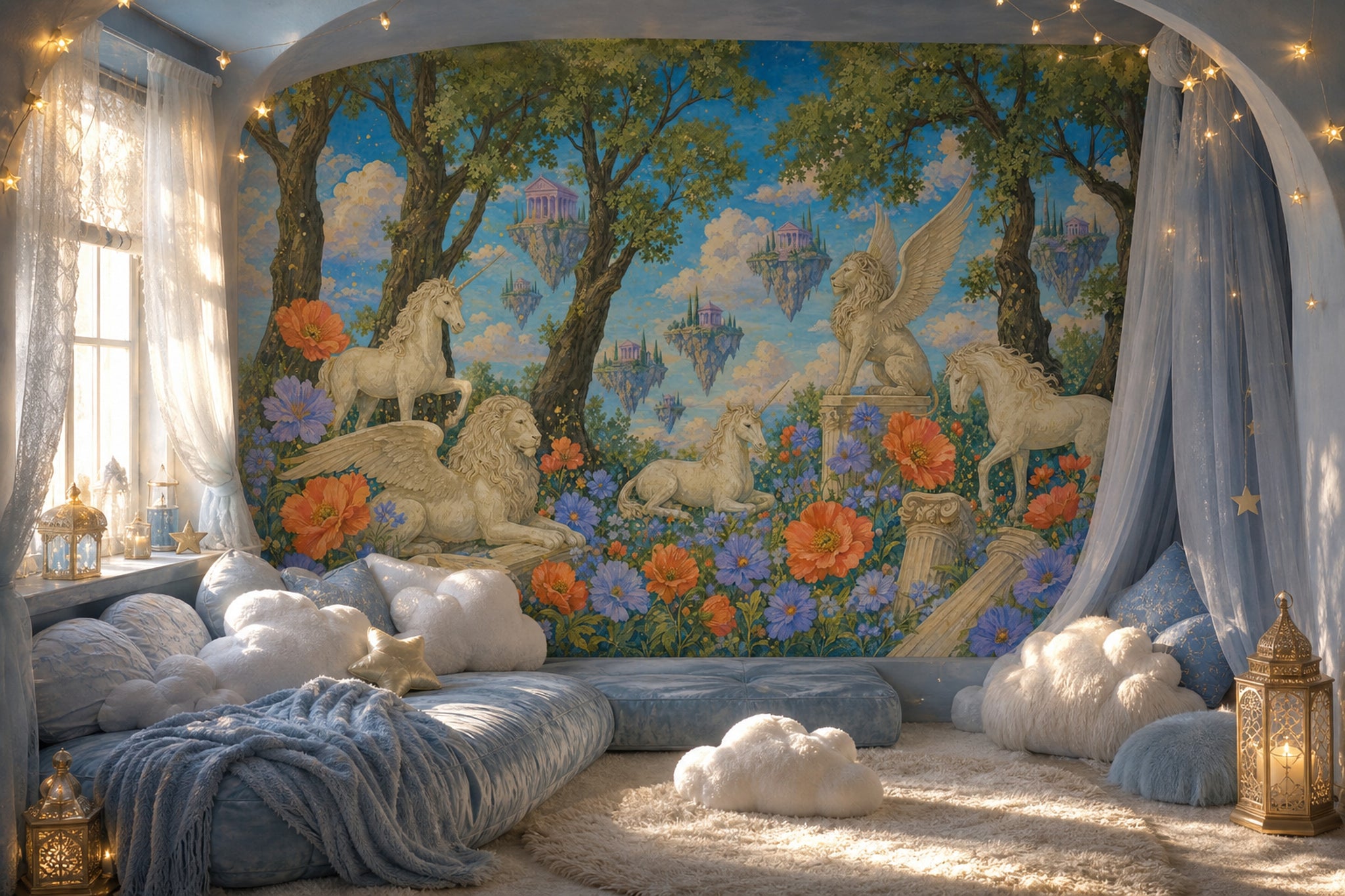 Unicorn ve Kanatlı Aslan Poster Duvar Kağıdı Mavi Masalsı