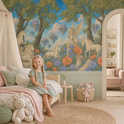Unicorn ve Kanatlı Aslan Poster Duvar Kağıdı Mavi Masalsı