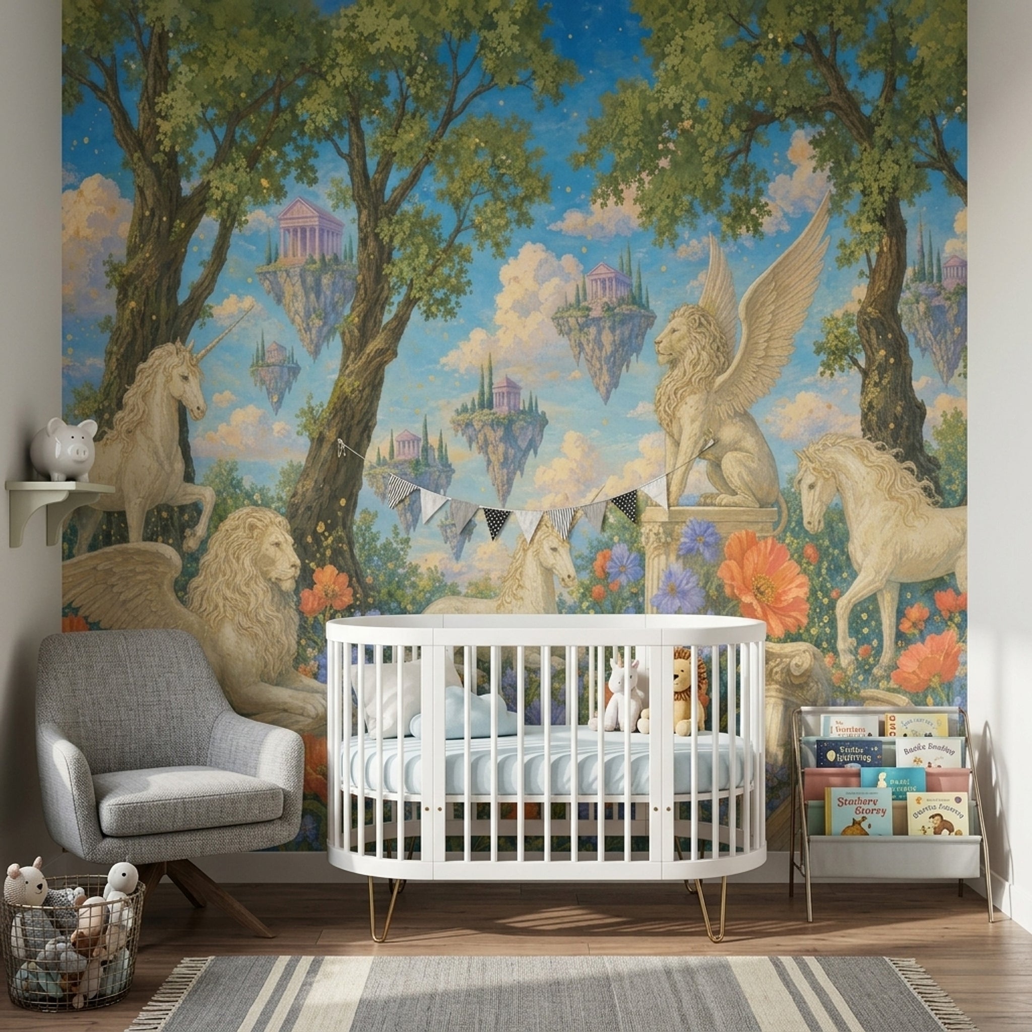 Unicorn ve Kanatlı Aslan Poster Duvar Kağıdı Mavi Masalsı