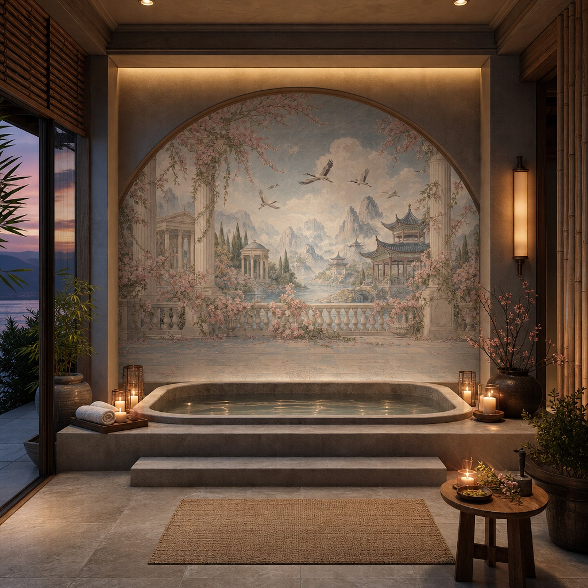 Uzak Doğu Manzaralı Poster Duvar Kağıdı Mavi Pembe Salon