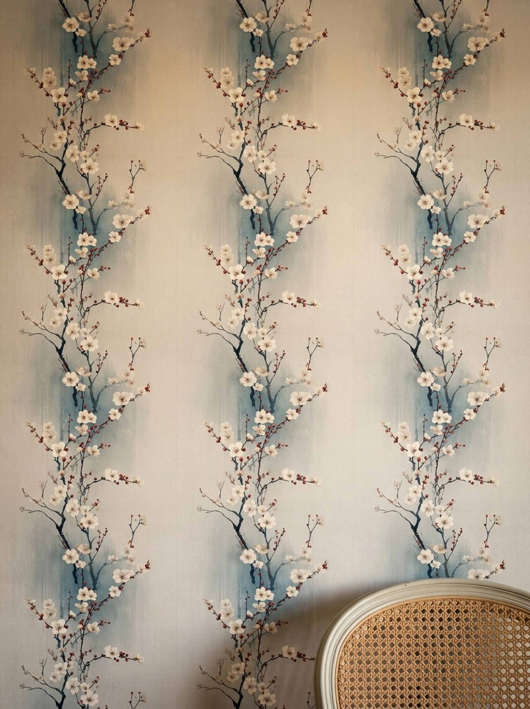 Sakura Çiçekli Duvar Kağıdı Mavi Krem Salon Deseni