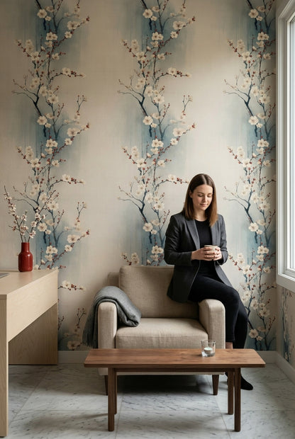 Sakura Çiçekli Duvar Kağıdı Mavi Krem Salon Deseni