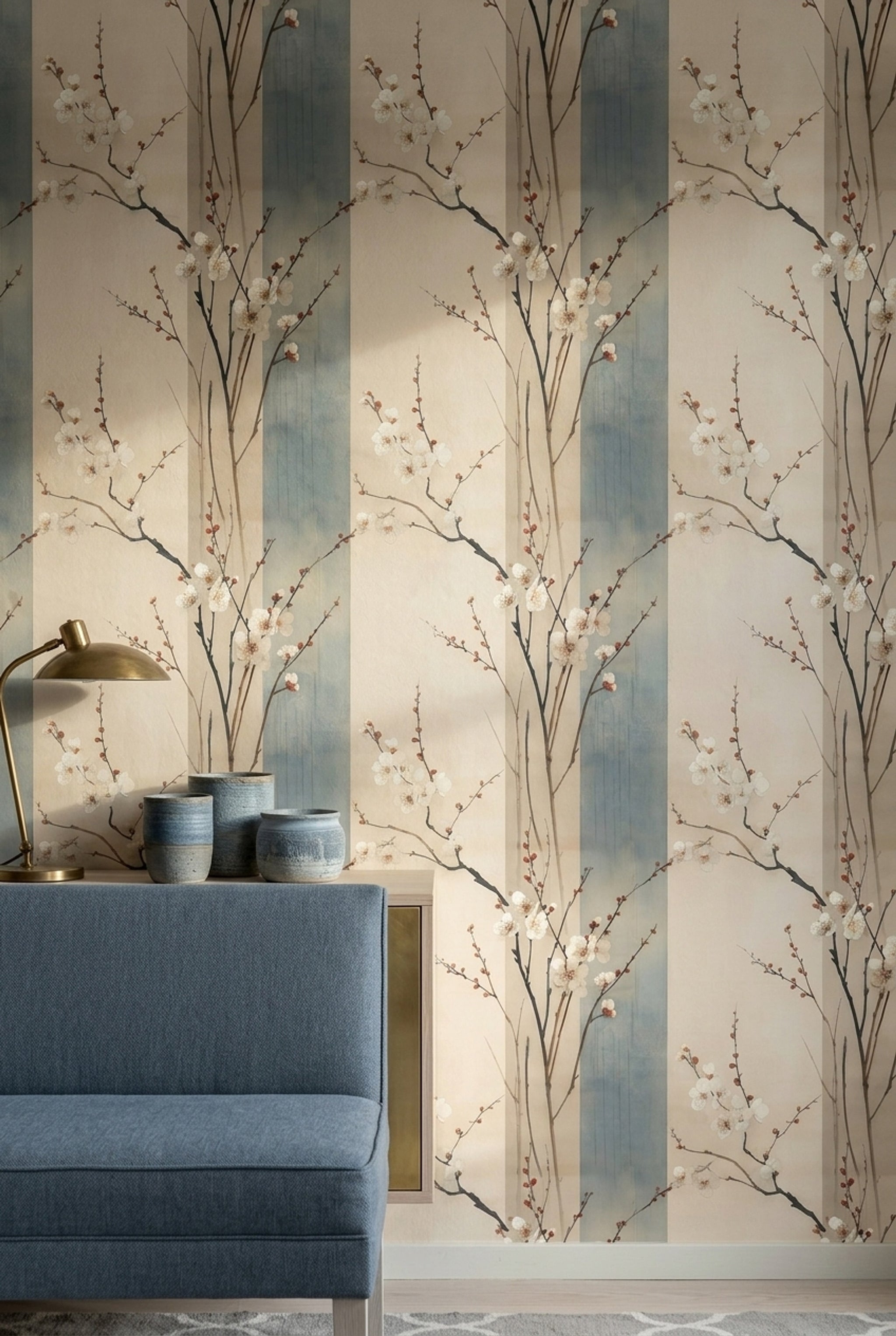 Sakura Çiçekli Duvar Kağıdı Bej Mavi Çizgili Salon