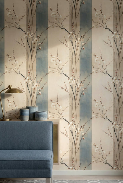 Sakura Çiçekli Duvar Kağıdı Bej Mavi Çizgili Salon