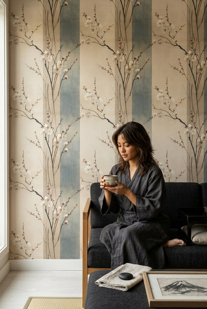Sakura Çiçekli Duvar Kağıdı Bej Mavi Çizgili Salon