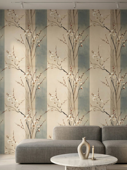 Sakura Çiçekli Duvar Kağıdı Bej Mavi Çizgili Salon