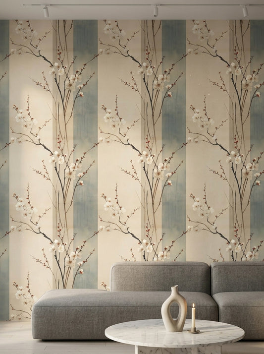 Sakura Çiçekli Duvar Kağıdı Bej Mavi Çizgili Salon