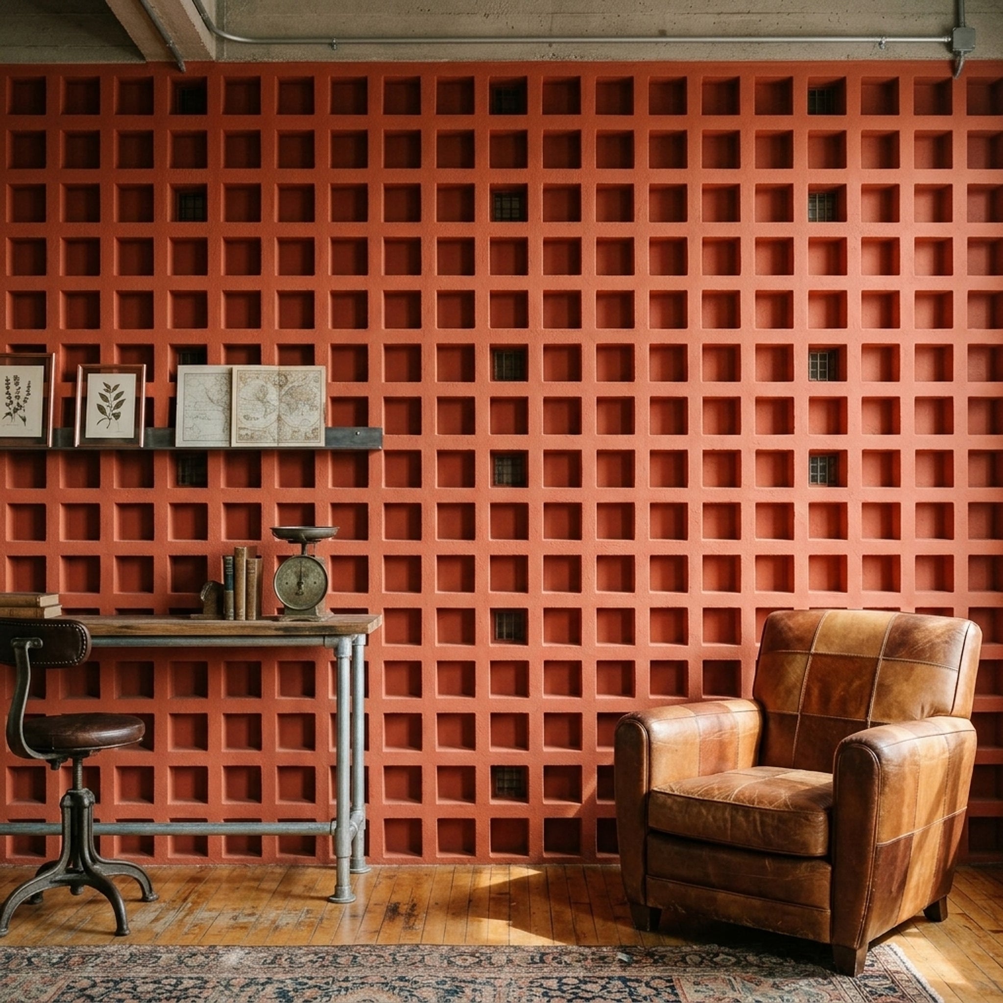 Kırmızı Kare Geometrik Duvar Kağıdı Modern Endüstriyel Duvar Deseni