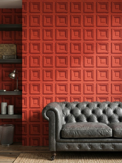 Kare Panelli Duvar Kağıdı Kiremit Kırmızısı Geometrik Desen