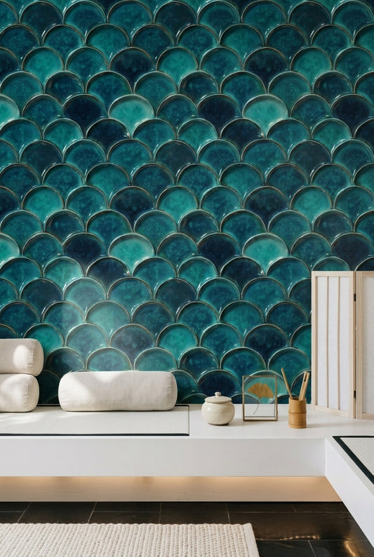 Balık Pulu Desenli Duvar Kağıdı Turkuaz Modern Salon