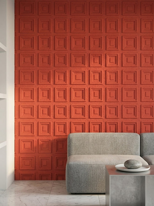 Kare Panelli Duvar Kağıdı Kiremit Kırmızısı Geometrik Desen