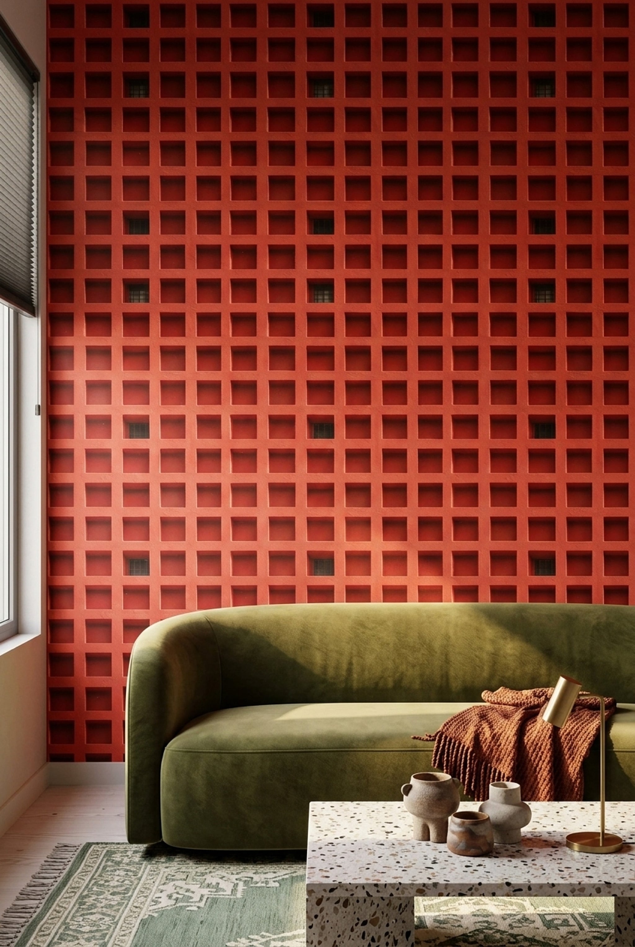 Kırmızı Kare Geometrik Duvar Kağıdı Modern Endüstriyel Duvar Deseni