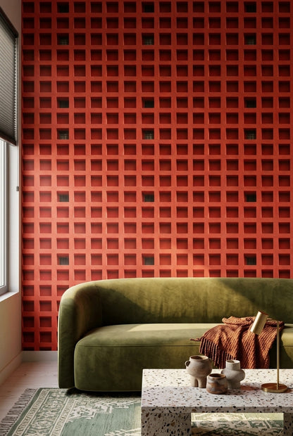 Kırmızı Kare Geometrik Duvar Kağıdı Modern Endüstriyel Duvar Deseni