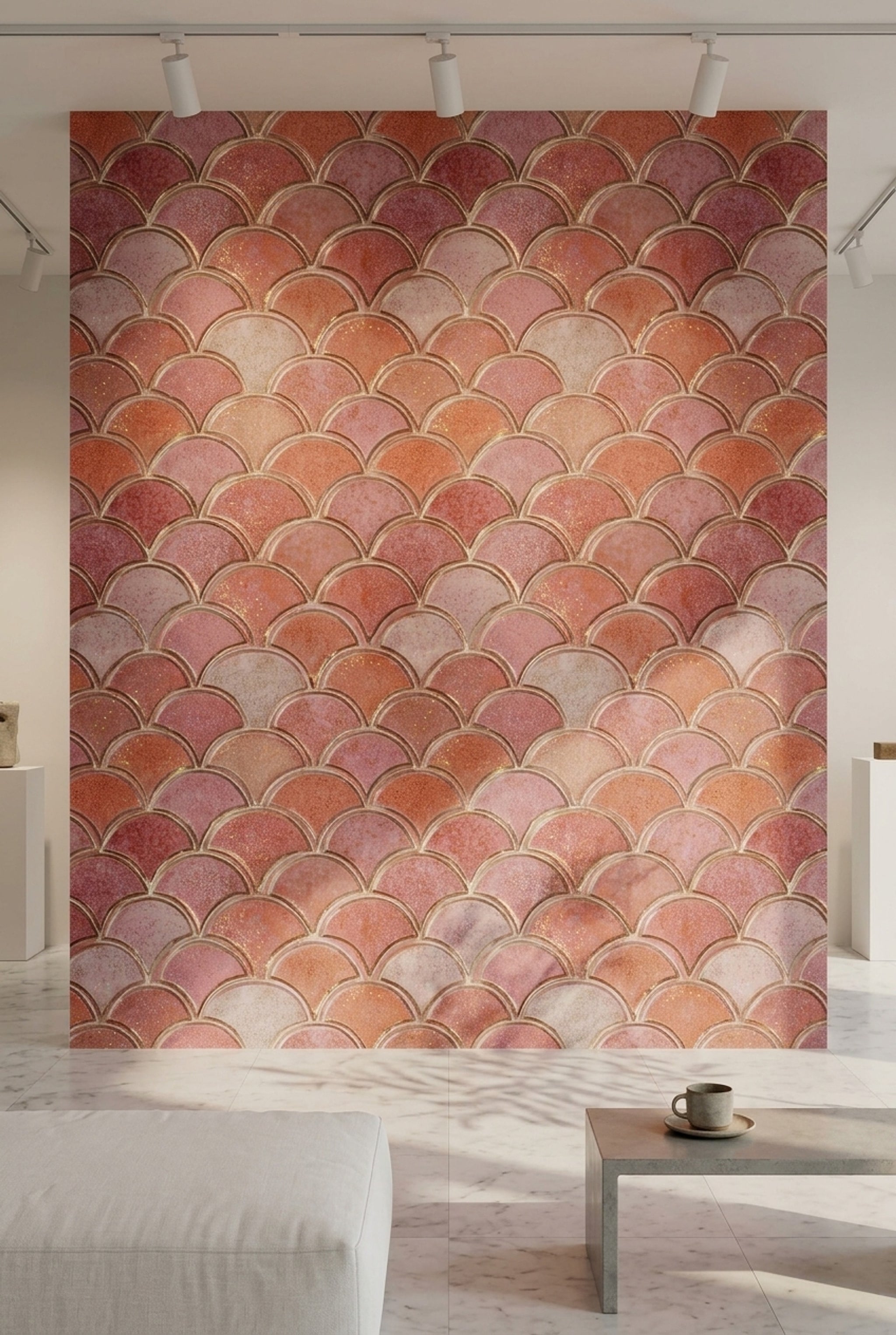 Art Deco Balık Pulu Duvar Kağıdı Pudra Pembe Desenli