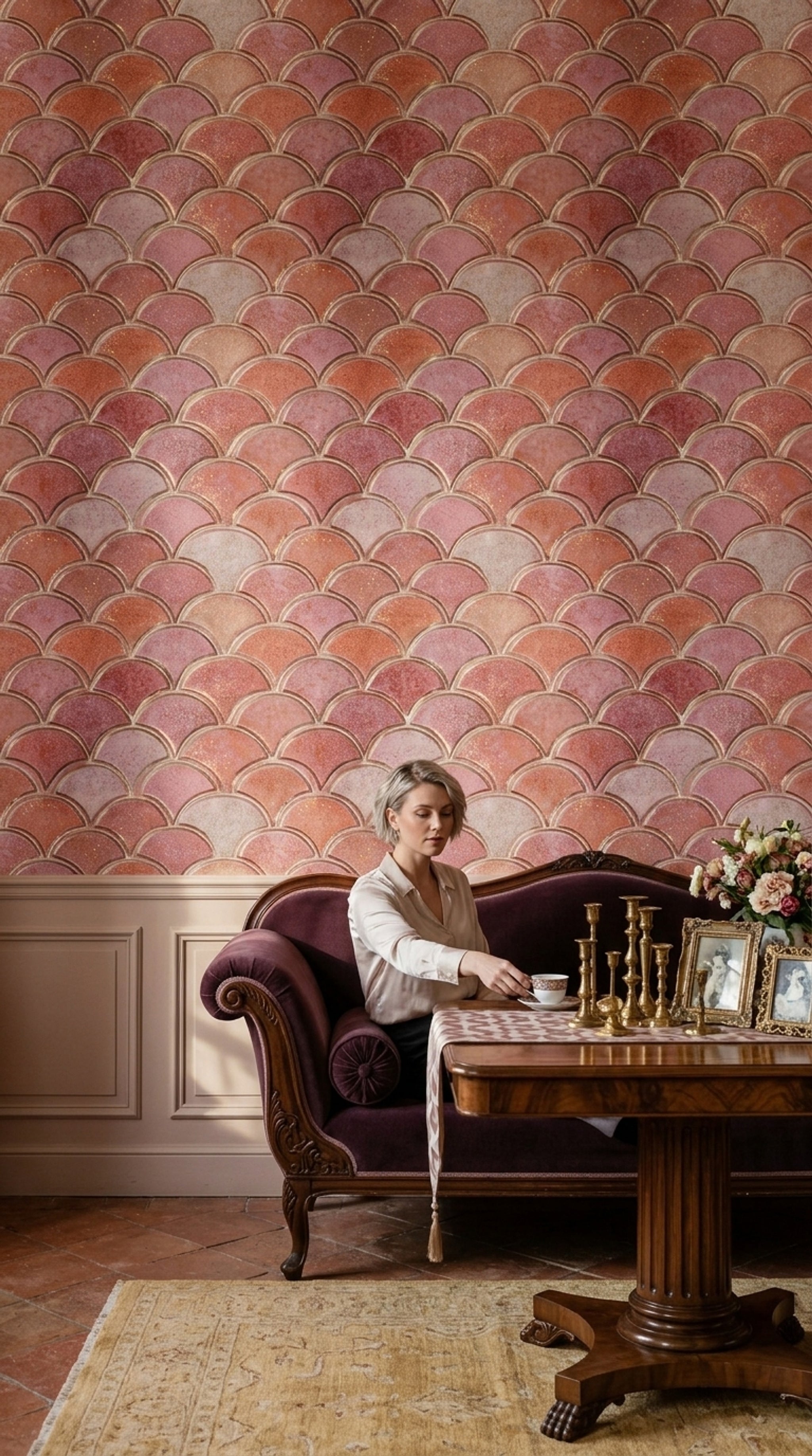 Art Deco Balık Pulu Duvar Kağıdı Pudra Pembe Desenli