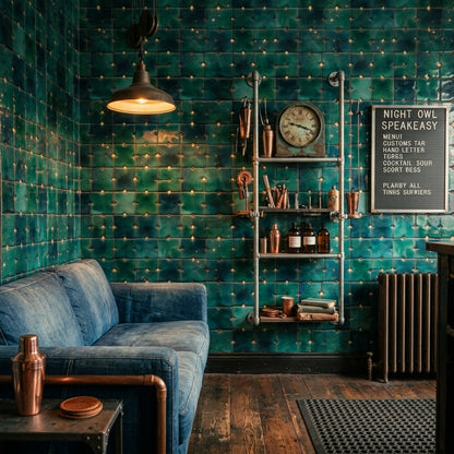 Zümrüt Yeşil Kare Desenli Duvar Kağıdı Modern Salon