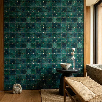 Zümrüt Yeşil Kare Desenli Duvar Kağıdı Modern Salon