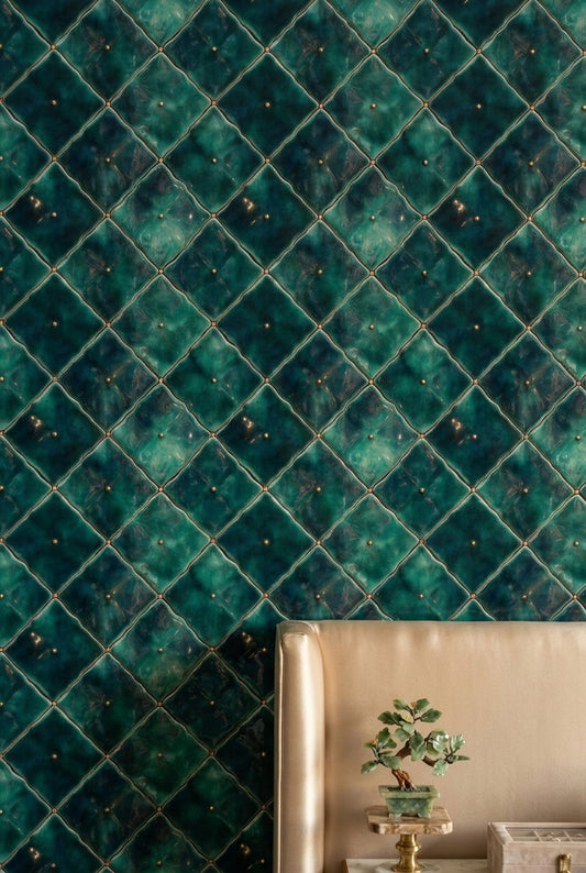 Zümrüt Yeşili Kapitone Desenli Duvar Kağıdı Modern Salon