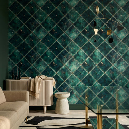 Zümrüt Yeşili Kapitone Desenli Duvar Kağıdı Modern Salon