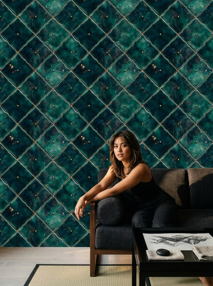 Zümrüt Yeşili Kapitone Desenli Duvar Kağıdı Modern Salon