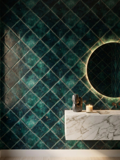 Zümrüt Yeşili Kapitone Desenli Duvar Kağıdı Modern Salon