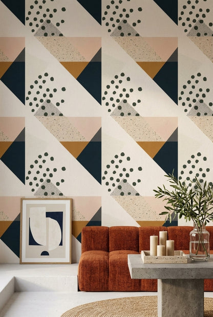 Geometrik Desenli Duvar Kağıdı Lacivert Hardal Modern Salon