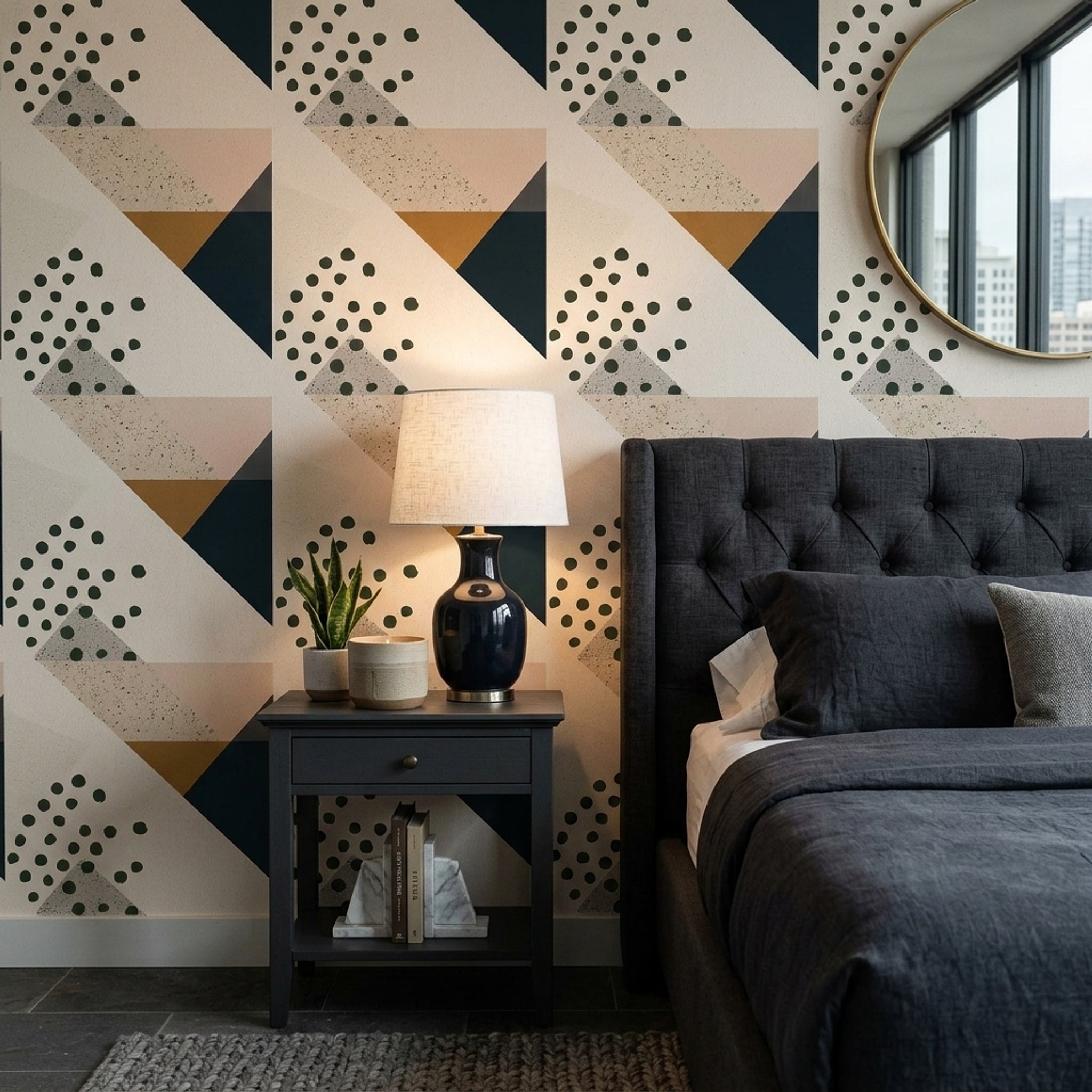 Geometrik Desenli Duvar Kağıdı Lacivert Hardal Modern Salon