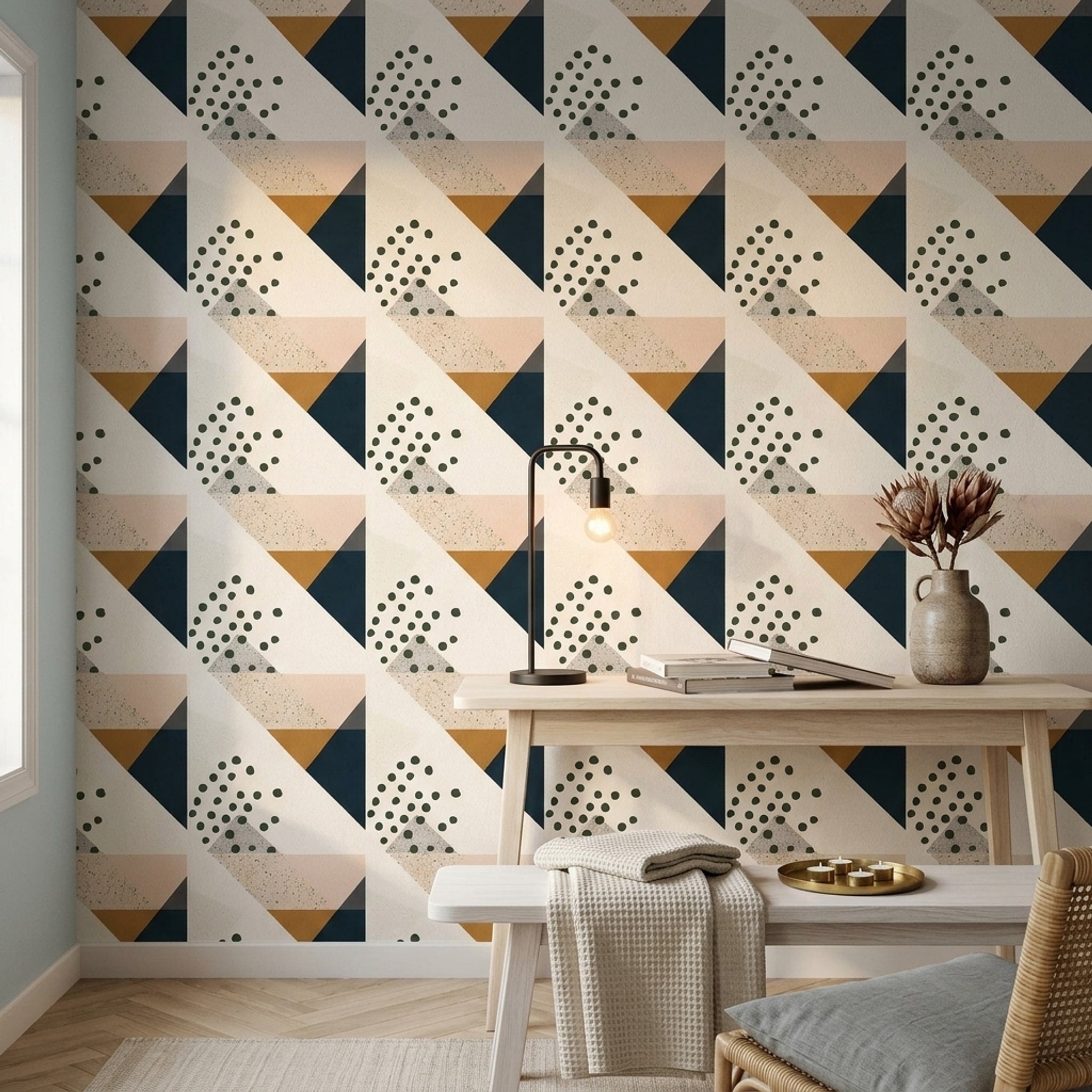 Geometrik Desenli Duvar Kağıdı Lacivert Hardal Modern Salon